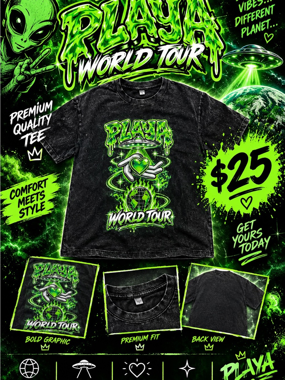 Playa World Tour Short-Sleeve Graphic Tee in Neon Green on Black